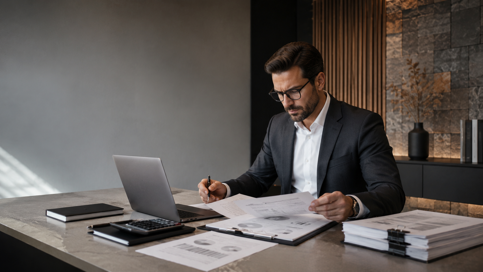 Contador analisando relatórios fiscais
